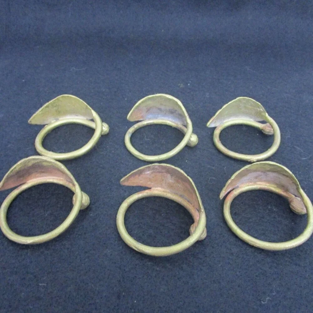 Pounded Forged Metal Leaf Napkin Rings Set of 6 Rustic Farmhouse Flat Gold Color